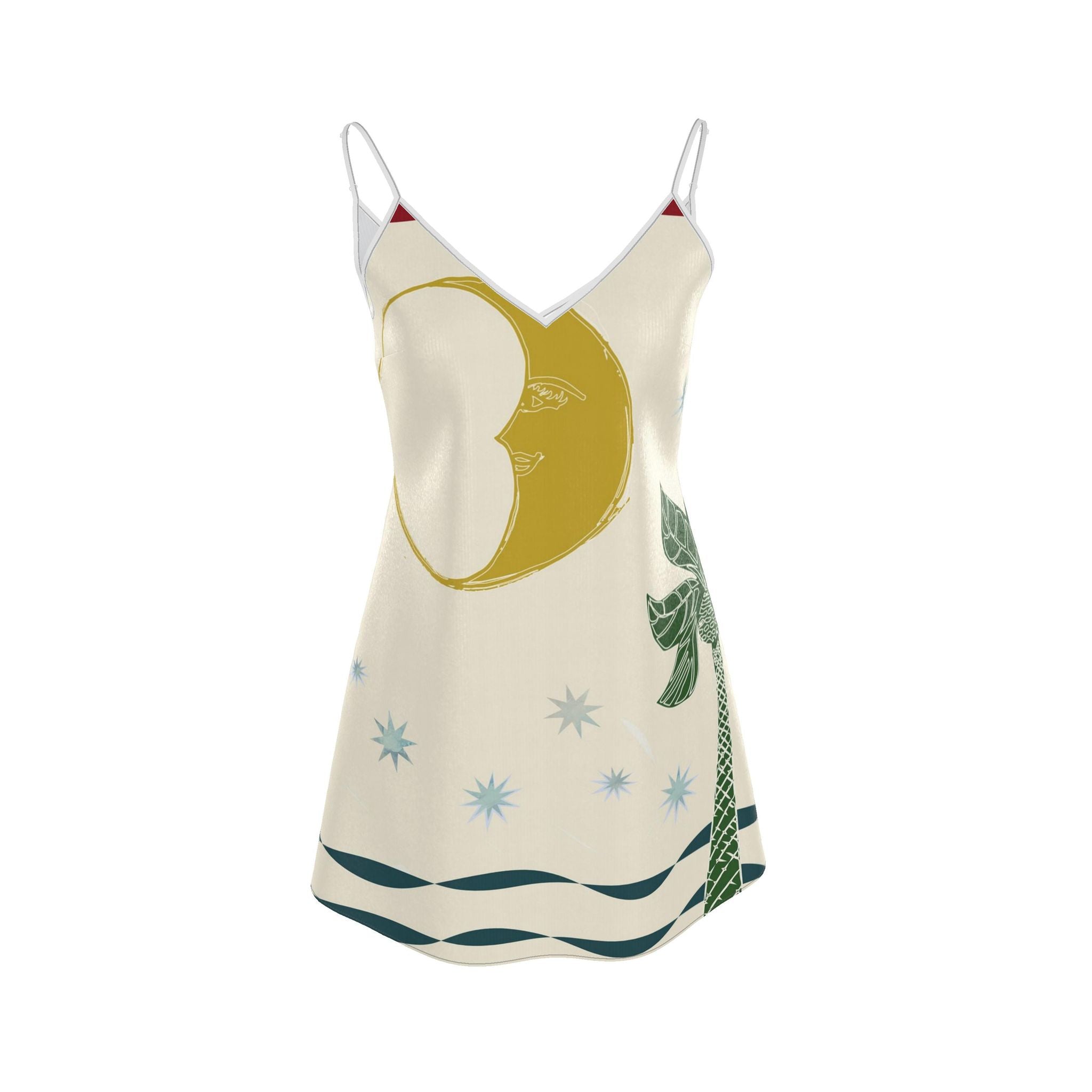 A sleeveless camisole-style dress with thin straps, featuring a celestial and nautical print on an off-white background. The design includes a red sun with a face, a yellow crescent moon, blue stars, green leaves, and wavy blue lines at the hem, finished with dark navy blue trim at the shoulders and bottom.