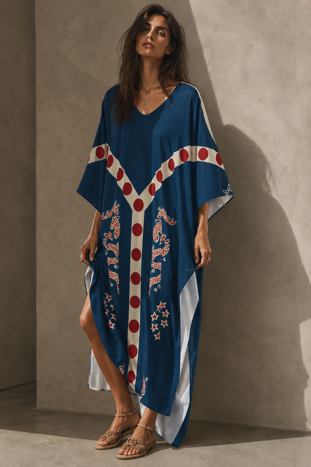 Woman wearing a blue dress with red and white patterns against a gray wall.