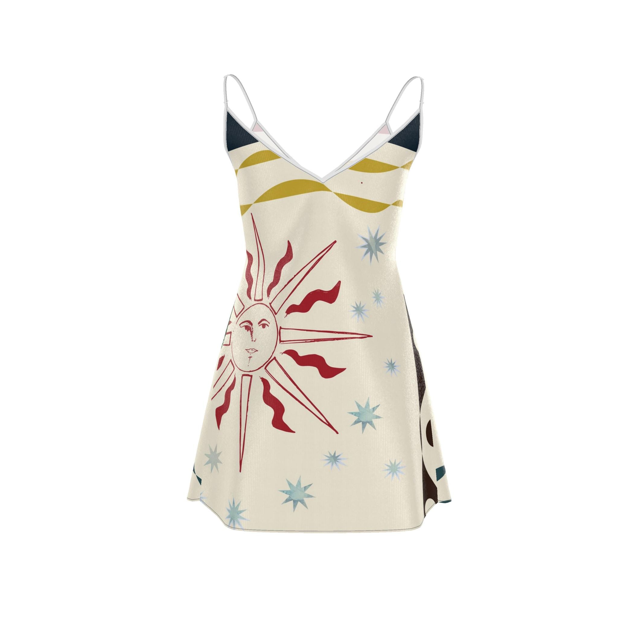 A sleeveless camisole dress with thin straps, featuring a cream base with a central red sun face graphic, light blue starbursts, and dark teal wavy stripes near the hem.
