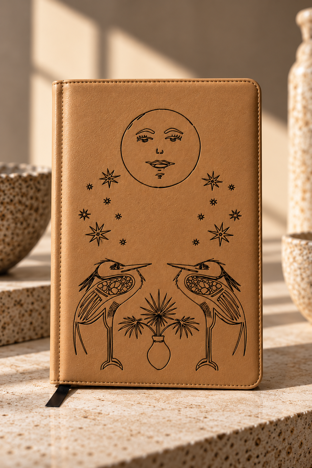 Engraved Vegan Leather Journal — Celestial Heron Notebook
