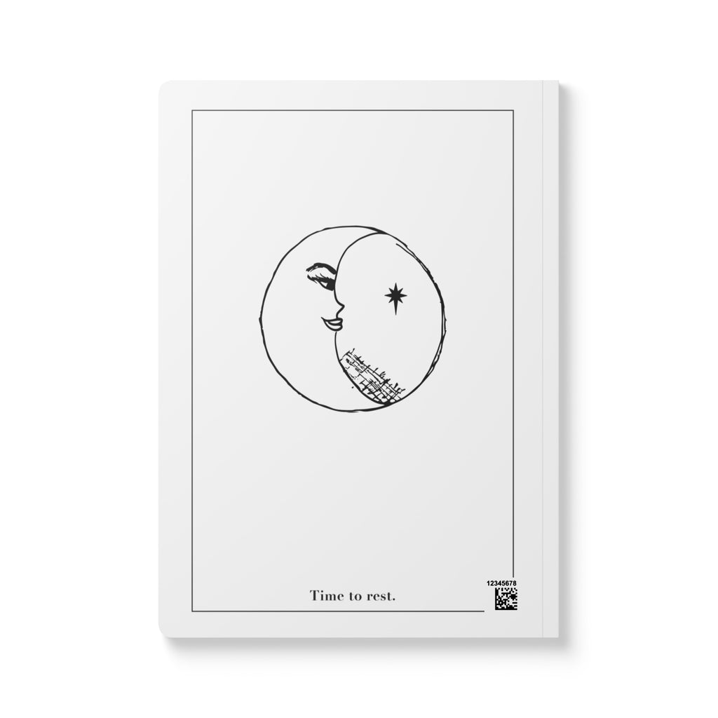 Framed artwork with a black and white illustration of a face and moon, text 'Time to rest', on a white background.