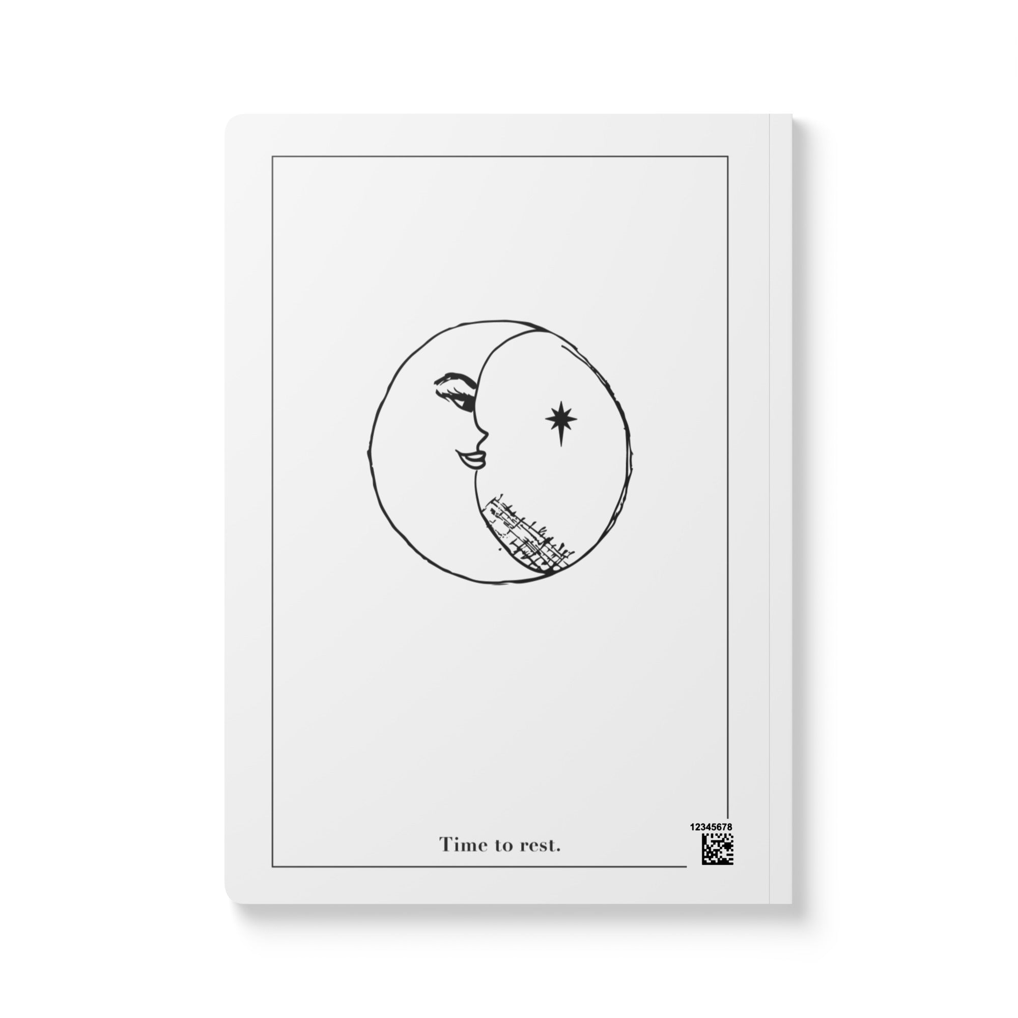 Framed artwork with a black and white illustration of a face and moon, text 'Time to rest', on a white background.