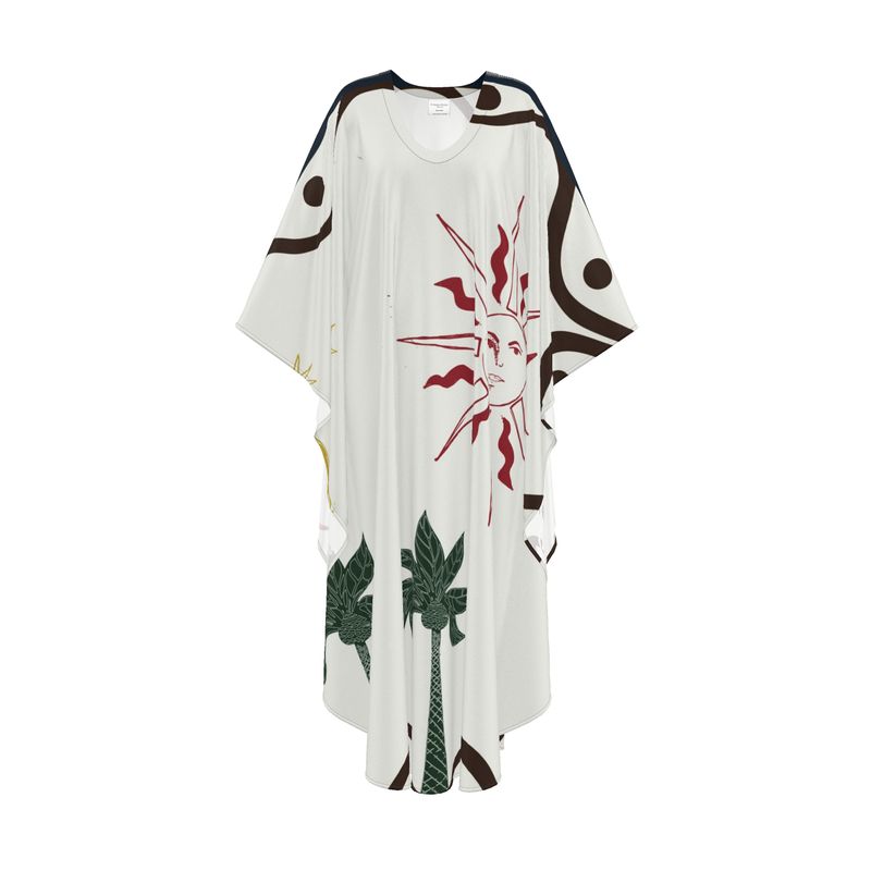 White dress with red sun and palm tree design on a white background