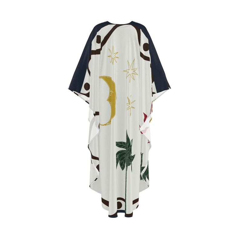 White dress with colorful abstract patterns on a white background