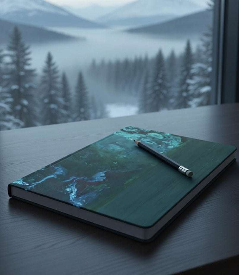 Notebook with a pen on a table in front of a window with a mountain view