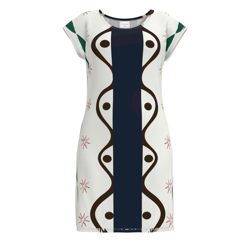 White dress with brown and green pattern on a cream background
