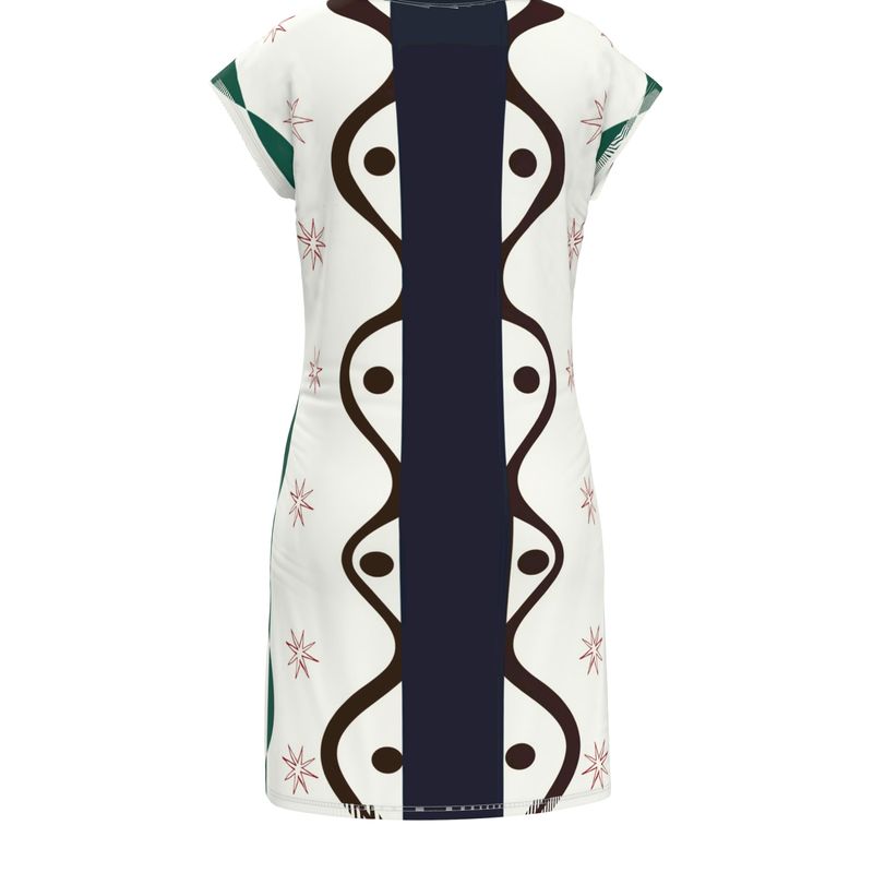 White dress with brown and green pattern on a cream background