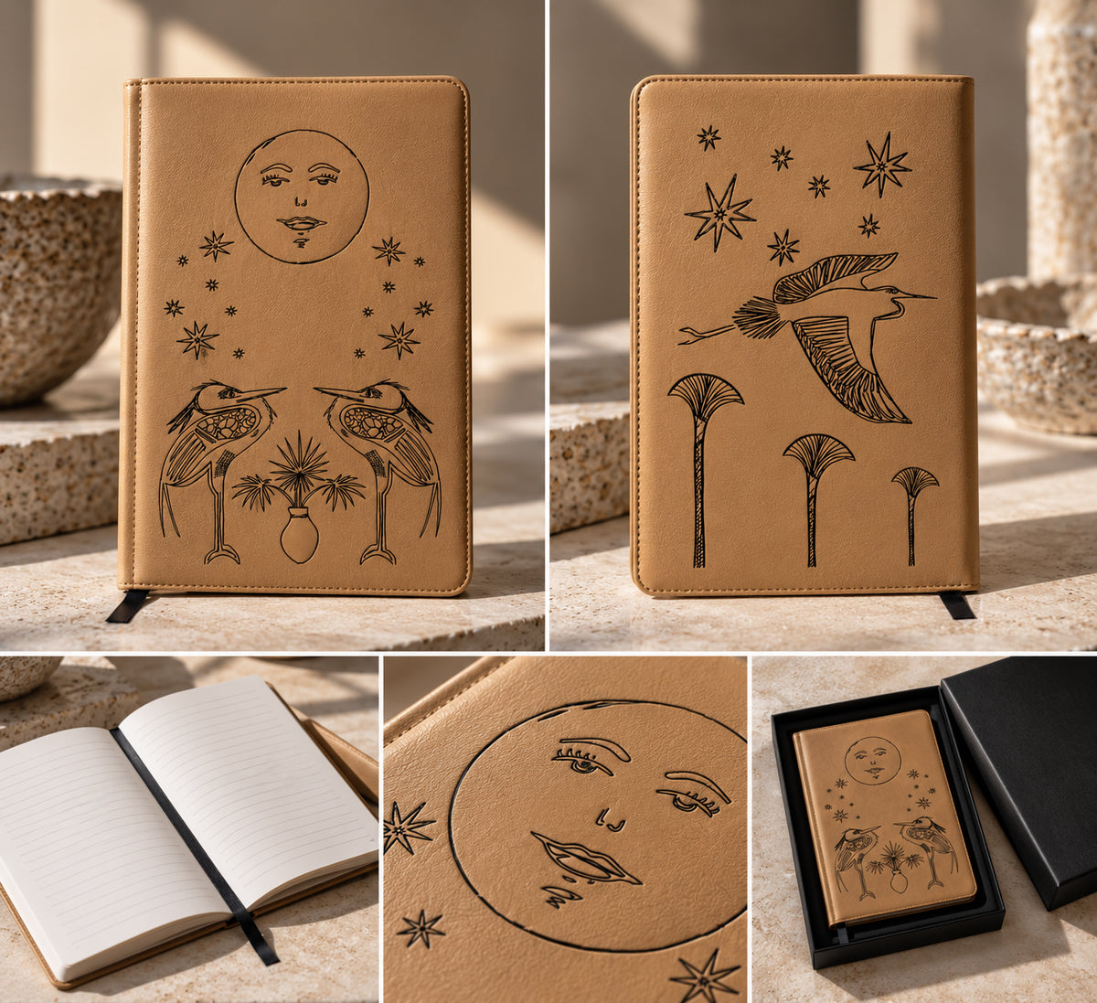 Engraved Vegan Leather Journal — Celestial Heron Notebook