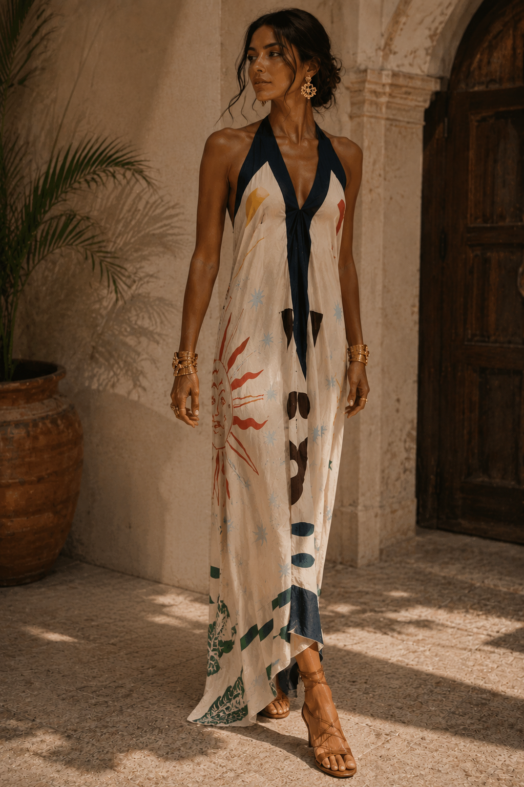 Celestial Palm Halter Maxi Dress